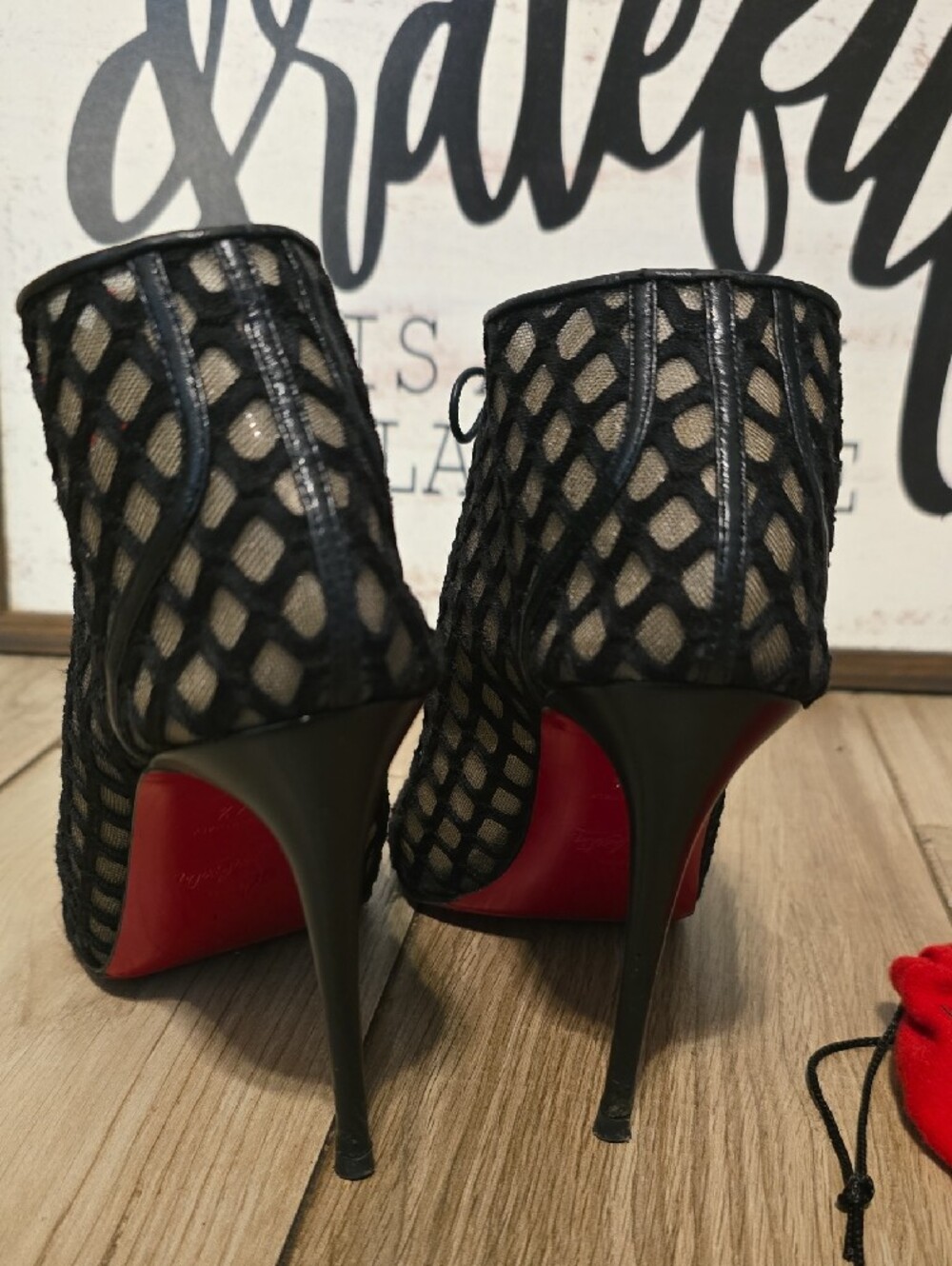 Christian Louboutin Black Mesh Lace-Up Peep-Toe 100 Heels Size (37-1/2) - Picture 2 of 15